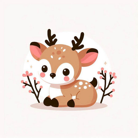 Cute cartoon deer sitting on a branch with flowers. Vector illustration.のイラスト素材