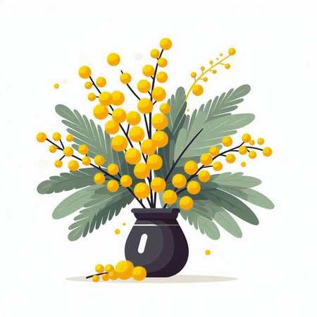 Bouquet of mimosa in a vase. Vector illustration.のイラスト素材