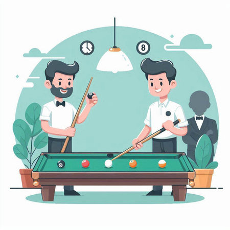 Young men playing billiards. Vector illustration in cartoon style.のイラスト素材