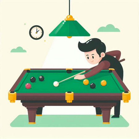 Young man playing billiards. Vector illustration in flat style.のイラスト素材