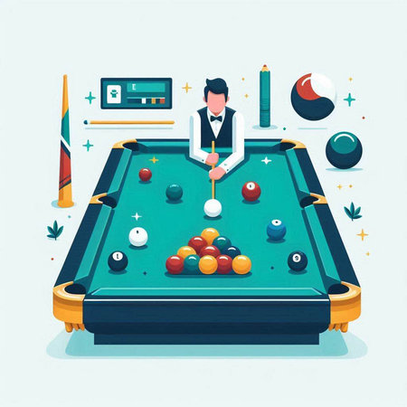 Billiard table with balls and cue. Vector illustration in cartoon styleのイラスト素材