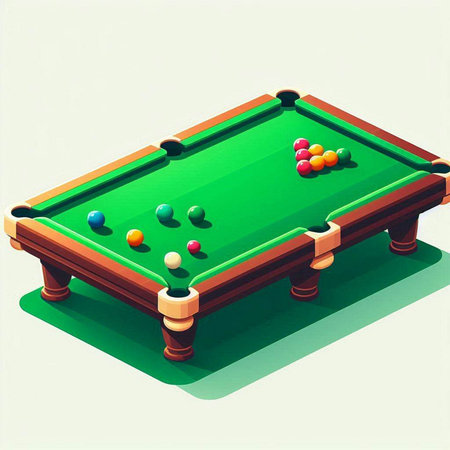 Billiard table with balls and cue on green background. Vector illustrationのイラスト素材