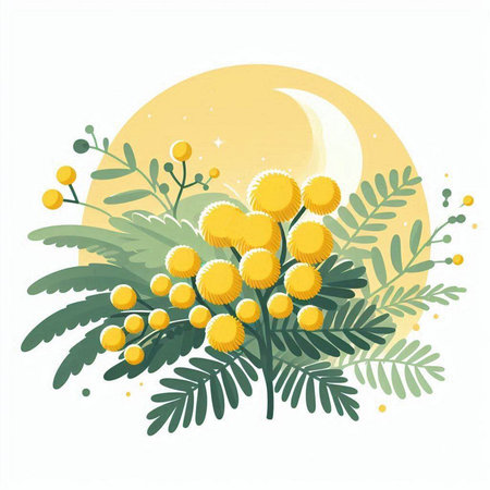 Mimosa flowers and moon on white background. Vector illustration.のイラスト素材