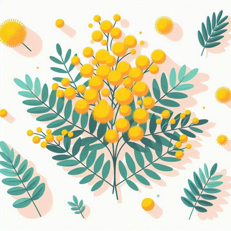 Mimosa branch with flowers and leaves on white background. Vector illustrationのイラスト素材