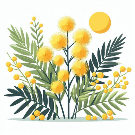 Mimosa flowers and leaves isolated on white background. Vector illustration.のイラスト素材