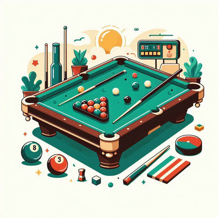 Billiard table with balls, cue and cue. Vector illustration.のイラスト素材