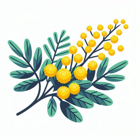 Bouquet of mimosa flowers with leaves. Vector illustration.のイラスト素材