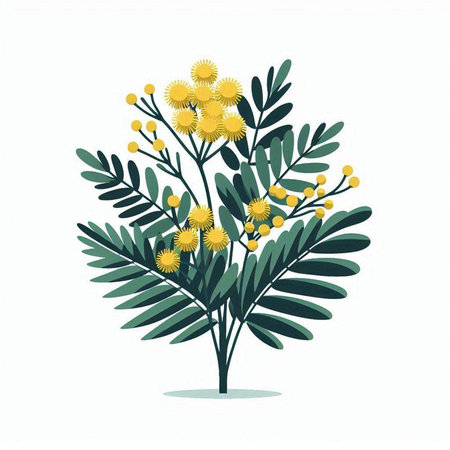 Mimosa tree with yellow flowers on white background. Vector illustration.のイラスト素材