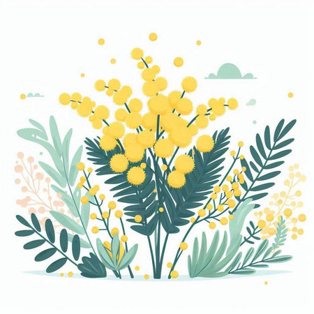 Mimosa flowers and leaves. Hand drawn spring vector illustration.のイラスト素材