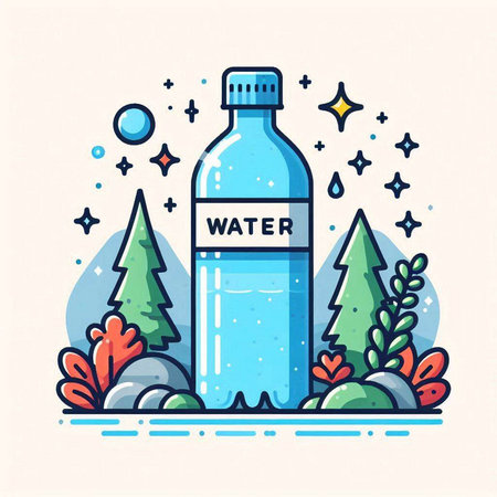 Bottle of water in the forest. Flat style vector illustration.のイラスト素材