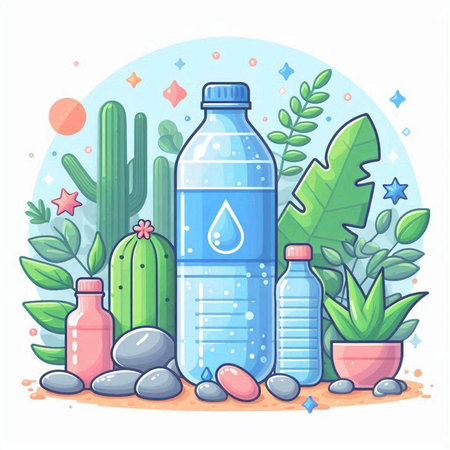Plastic bottle with water and cactuses. Vector illustration.のイラスト素材