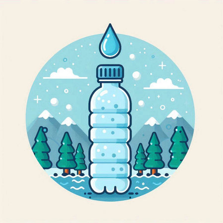 Vector illustration of a bottle of water in the forest. Flat design.のイラスト素材