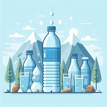 Plastic bottle with water and glass on nature background. Vector illustrationのイラスト素材