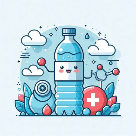 Cute cartoon bottle of water in the flat style. Vector illustration.のイラスト素材