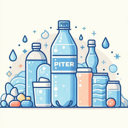 Plastic bottles with water. Vector illustration in flat linear style.のイラスト素材