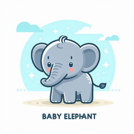 Cute baby elephant on the beach. Vector illustration in flat styleのイラスト素材