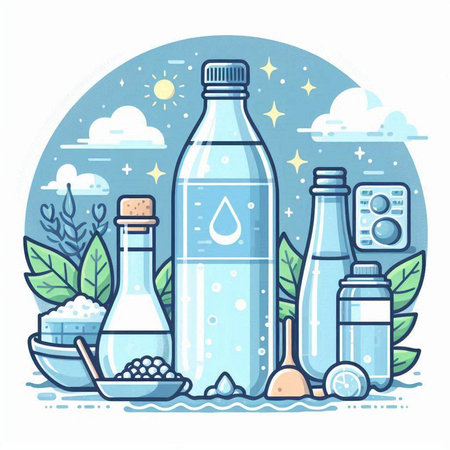 Bottle of water and ingredients for cooking. Vector illustration in flat style.のイラスト素材