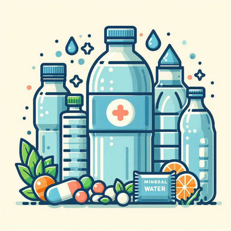 Vector illustration with bottles of water, pills, vitamins and herbs.のイラスト素材