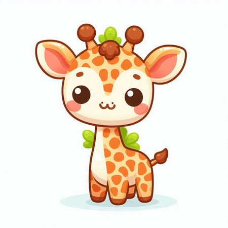 Cute cartoon giraffe with green leaves. Vector illustration isolated on white background.のイラスト素材