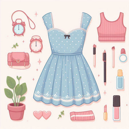 Illustration of a cute girl's dress with a set of cosmeticsのイラスト素材