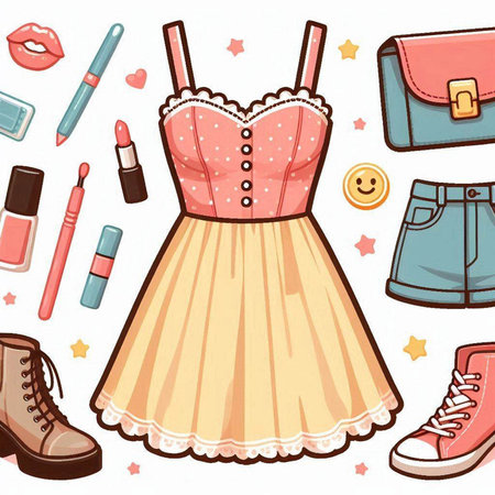 Cute cartoon illustration of woman's clothing and accessories. Vector illustration.のイラスト素材