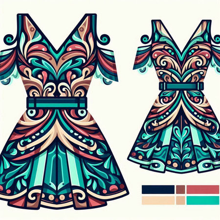 Vector set of beautiful women's dresses with floral ornaments.のイラスト素材