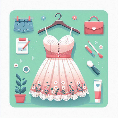 Vector illustration of a woman's dress on a hanger with cosmeticsのイラスト素材