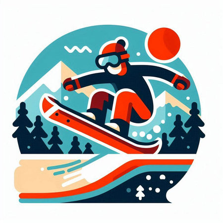 Snowboarder in the mountains. Vector illustration in flat style.のイラスト素材