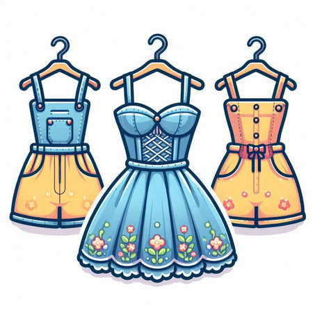 Set of women's dirndl on hangers. Vector illustration.のイラスト素材