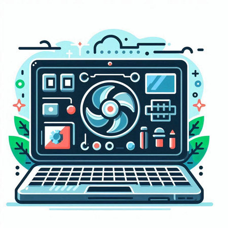 Vector illustration of laptop with graphic design elements on white background. Flat line art style design for web, site, advertising, banner, poster, board and print.のイラスト素材