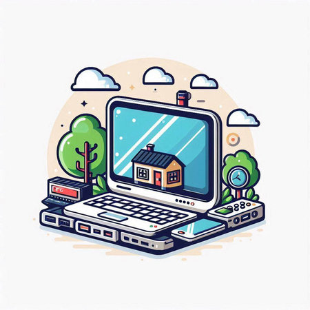Laptop with house on the screen. Flat style vector illustration.のイラスト素材