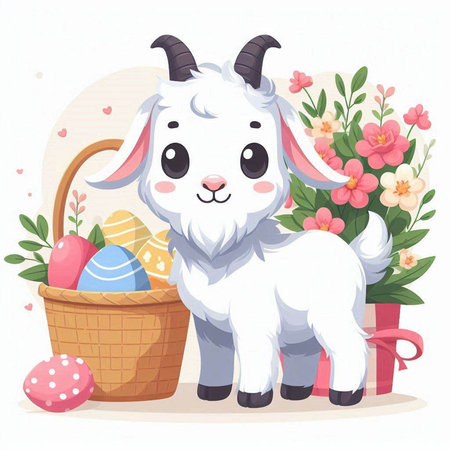 Cute goat with basket of flowers and Easter eggs. Vector illustration.のイラスト素材