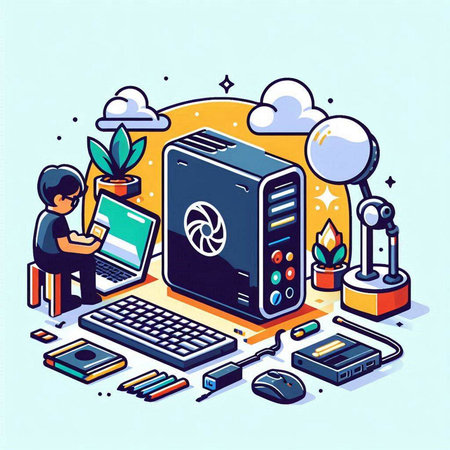 Vector isometric illustration of a man working on a personal computer.のイラスト素材