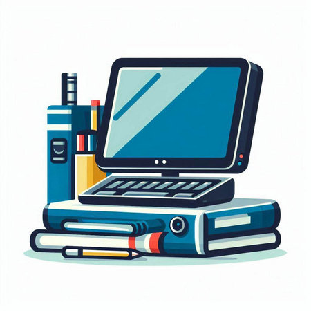 Laptop, books, pencils, eraser, pen, flash drive. Vector illustration.のイラスト素材