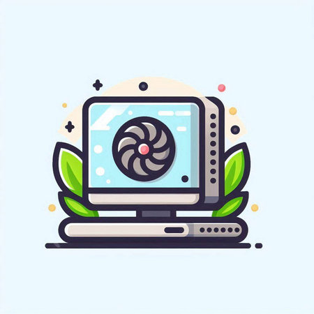Laptop computer with cooler and green leaves. Flat vector illustration.のイラスト素材