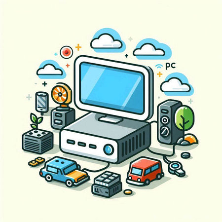 Vector illustration of computer technology in flat line art style. Computer, laptop, mobile phone, car, speaker, air conditioner and cloud computing.のイラスト素材