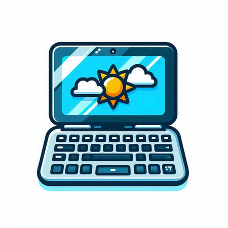 Laptop with sun and cloud on the screen. Vector illustration.のイラスト素材