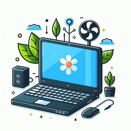 Laptop computer with flower on screen. Flat style vector illustration.のイラスト素材