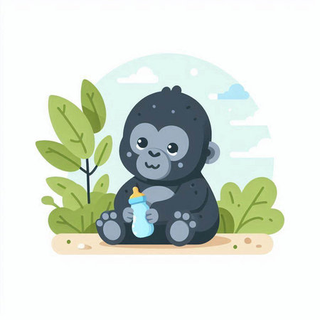 Vector illustration of a cute gorilla sitting on the ground with a bottle of milk.のイラスト素材