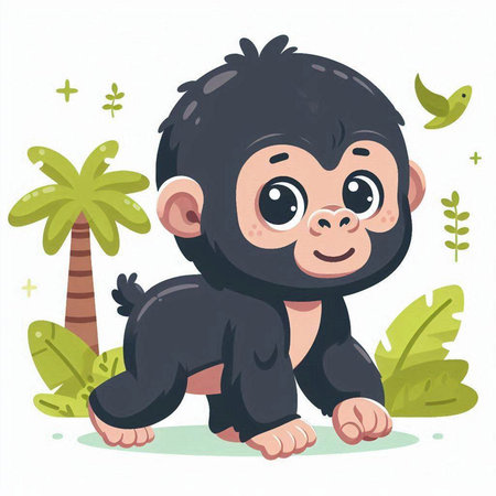 Cute little monkey sitting on the ground. Vector cartoon illustration.のイラスト素材
