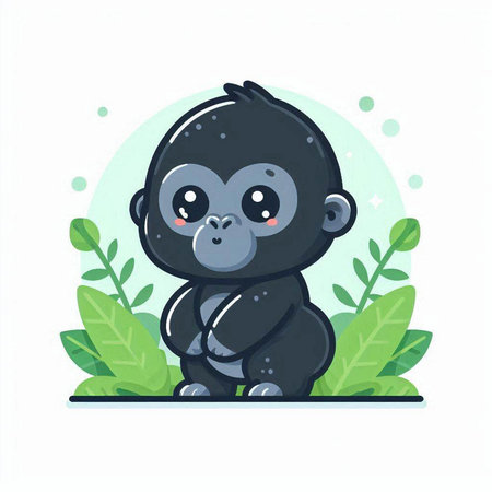 Cute cartoon black monkey sitting on the grass. Vector illustration.のイラスト素材