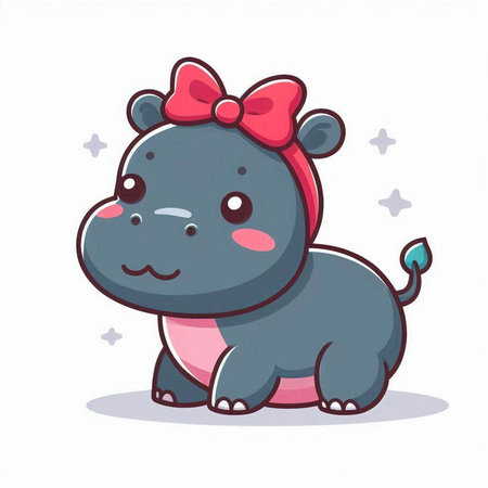 Cute hippo with red bow on head. Vector illustration.のイラスト素材