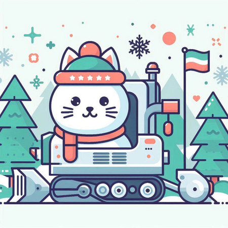 Cute cat in winter clothes rides a steam locomotive. Vector illustration.のイラスト素材