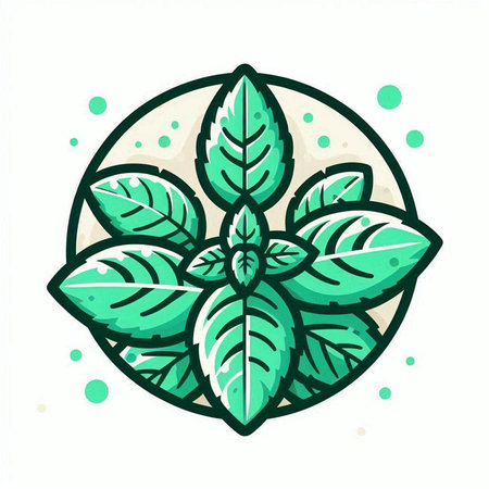 Illustration of a green leaf in a circle on a white backgroundのイラスト素材