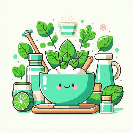 Cute cartoon vector illustration of a bowl of green tea and ingredients for making tea.のイラスト素材