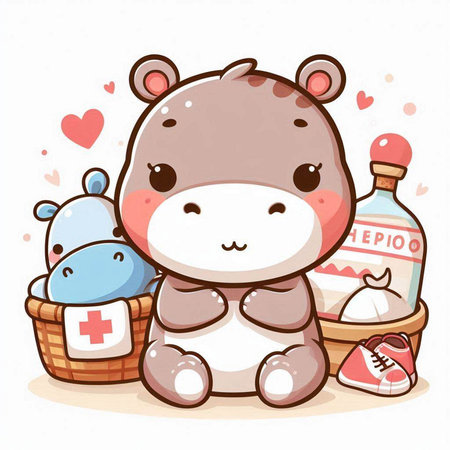 Cute hippo with milk and baby food. Vector illustration.のイラスト素材