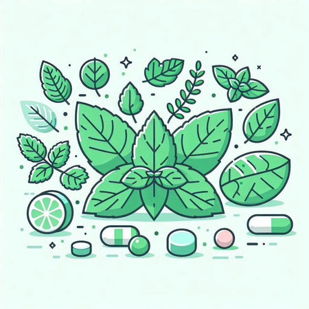 Vector illustration of mint leaves and vitamin pills in flat line art style.のイラスト素材