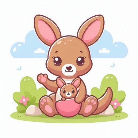 Cute kangaroo with her baby. Vector cartoon illustration.のイラスト素材