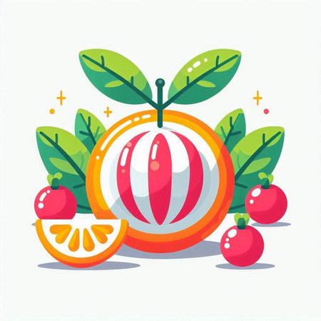 Fruit vector illustration. Orange, melon, kiwi, watermelon, pomegranate, red currant.のイラスト素材