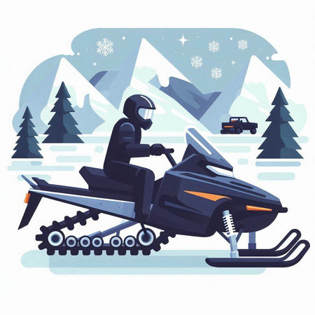 Snowmobile in the mountains. Vector illustration in flat cartoon style.のイラスト素材